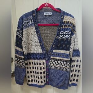 Cabin Creek Blue and Brown Vintage Patterned Cardigan Size L Women